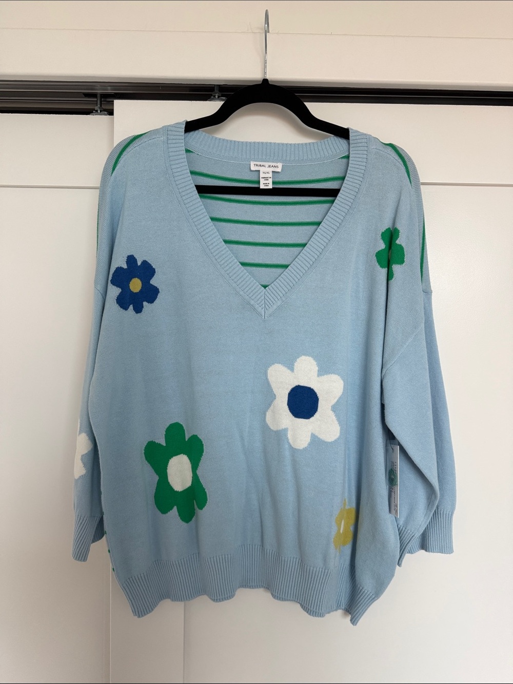 Light Blue V‑Neck Sweater with Green, White & Navy Floral Accents